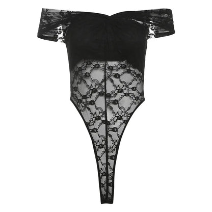 Gothic Alt Goth Off Shoulder Lace Mesh Bodysuit Top