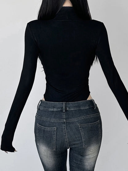 Gothic Alt Goth Key Hole Lace Trim Deep V-Neck Long Sleeve Bodysuit Top