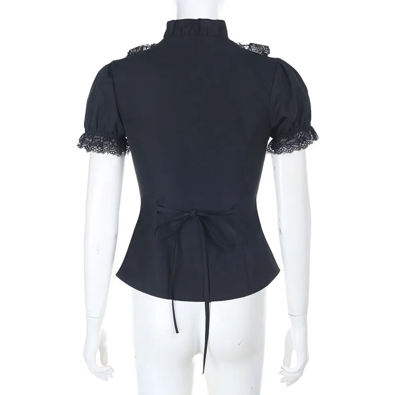 Gothic Victorian Romantic Ruffles Lace Patchwork Short Sleeve Blouse Top