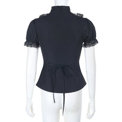 Gothic Victorian Romantic Ruffles Lace Patchwork Short Sleeve Blouse Top