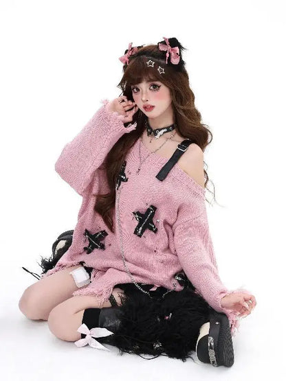 Alt Gothic Harajuku Y2K Cross Zipper Long Sleeve Knitted Pullover Sweater Top (available in 3 colors)