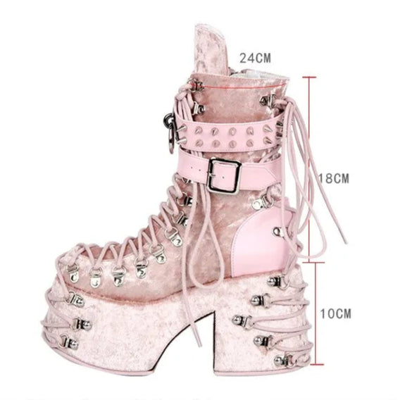 Gothic Dark Kawaii Harajuku Y2K Alt Goth Punk Lolita Laces Studs Pink Platform Boots