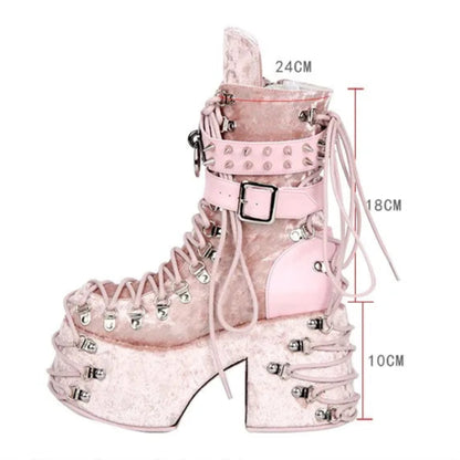 Gothic Dark Kawaii Harajuku Y2K Alt Goth Punk Lolita Laces Studs Pink Platform Boots