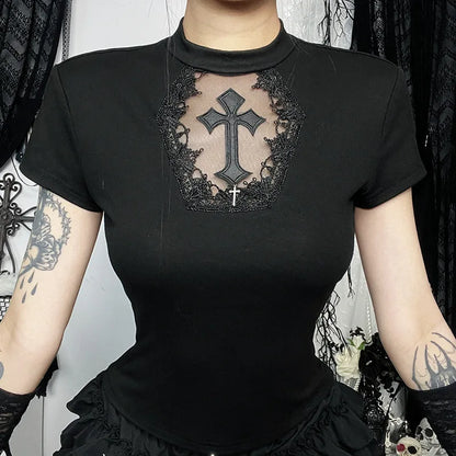 Gothic Alt Goth Vintage Cross Lace Patchwork Short Sleeve Top