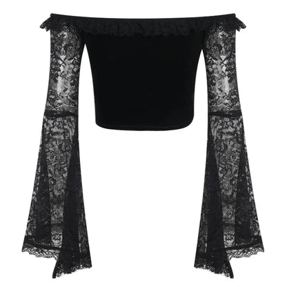 Gothic Romantic Goth Off Shoulder Bell Sleeve Lace Patchwork Top