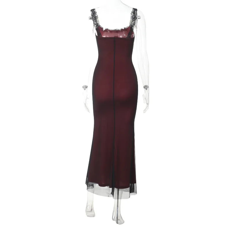 Gothic Alt Goth Cross Pattern Lace Strap Red Bodycon Dress