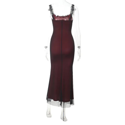 Gothic Alt Goth Cross Pattern Lace Strap Red Bodycon Dress