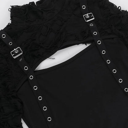 Gothic Alt Y2K Goth Buckle Straps Deconstructed Keyhole Long Sleeve Top