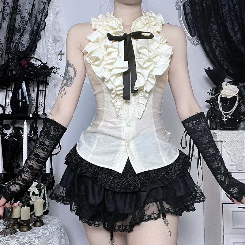 Gothic Victorian Ruffle Collar Bow Tie Sleeveless Vest Top