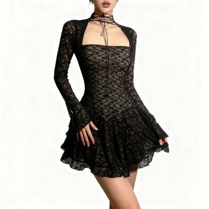Gothic Alt Goth Square Collar Lace Mini Dress