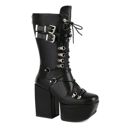 Gothic Alt Goth Lace Up Double Buckles Square Toe Platform Boots