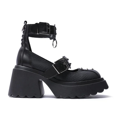 Gothic Alt Goth Punk Spikes Ring Rivets Platform Heels Mary Janes Pumps