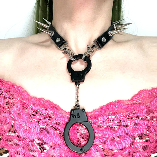 Gothic Y2K Handcuffs Spikes Choker Necklace Alt Goth (available in 2 colors)