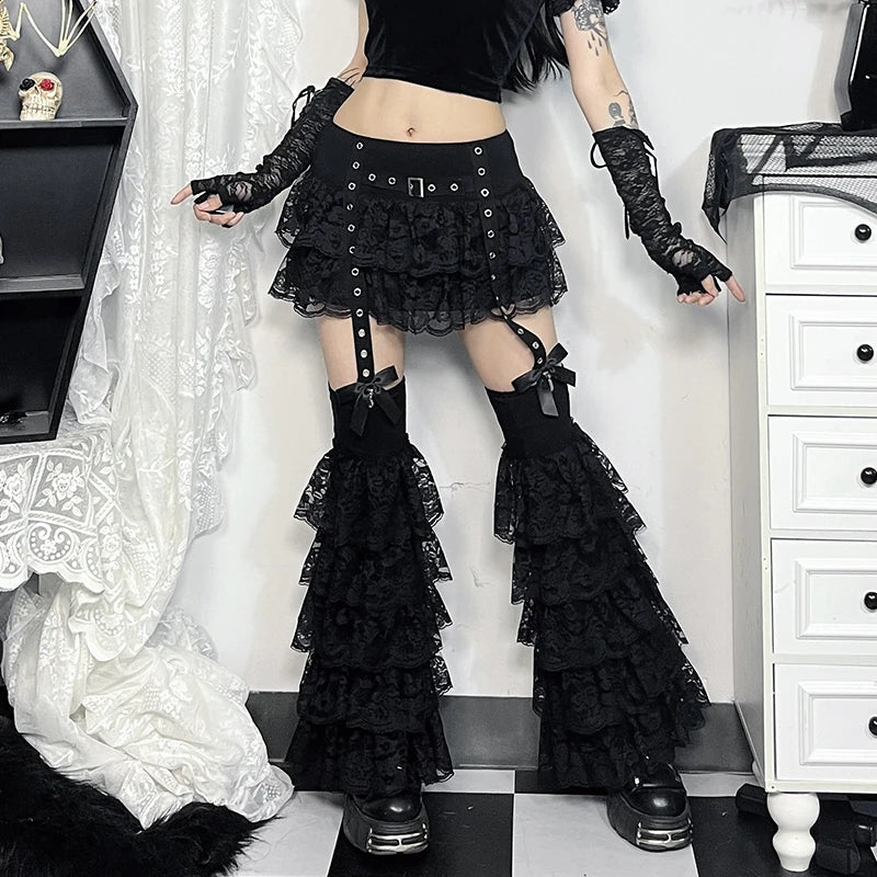 Gothic Alt Grommet Straps Ruffle Lace Mini Skirt