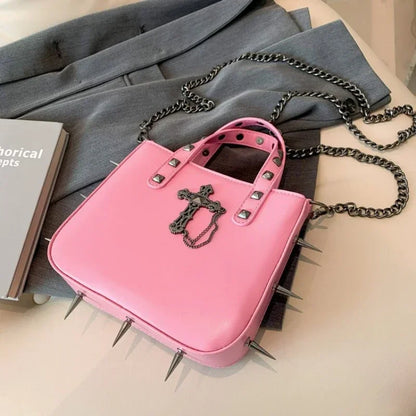 Gothic Alt Goth Cross Skull Spikes Chain Strap Crossbody Bag (available in 3 colors)