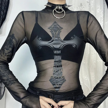 Gothic Alt Goth Cross Mesh Top