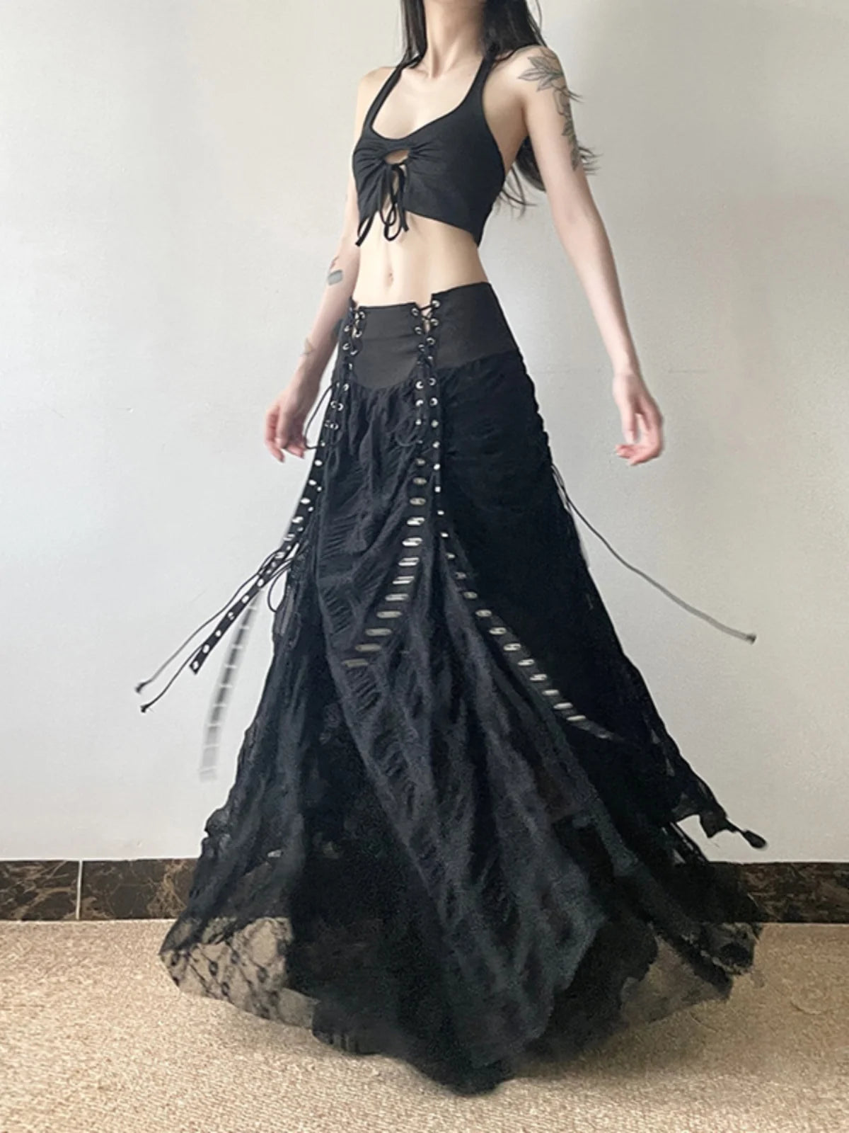 Gothic Alt Goth Grommet Lace Mesh Patchwork Long Skirt