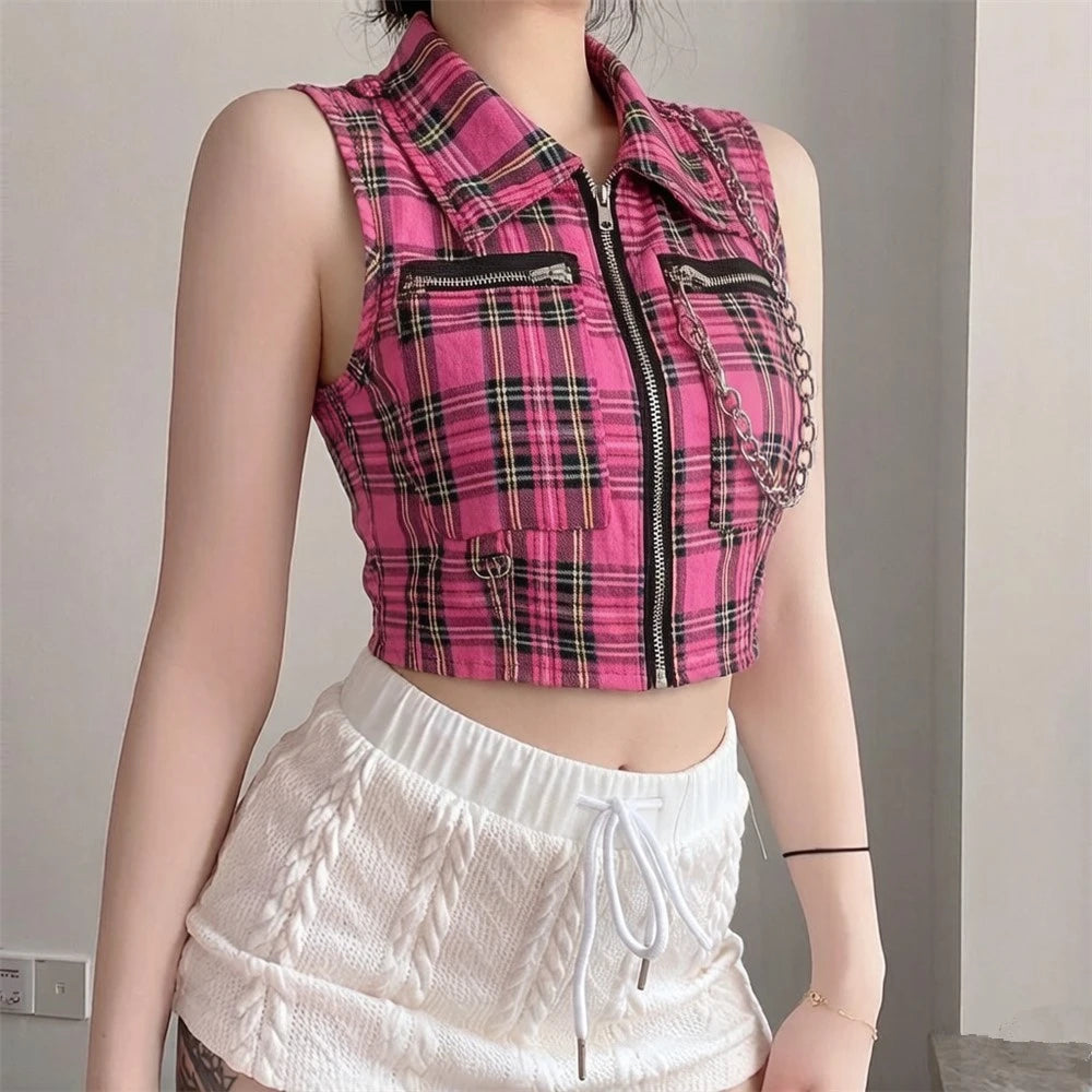 Gothic Grunge Alt Goth Punk Zipper Chain Plaid Vest Top (available in 2 colors)