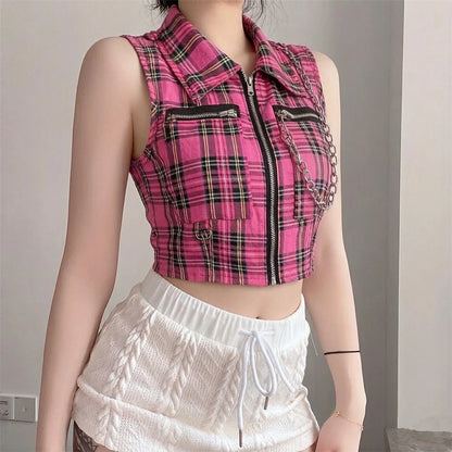Gothic Grunge Alt Goth Punk Zipper Chain Plaid Vest Top (available in 2 colors)