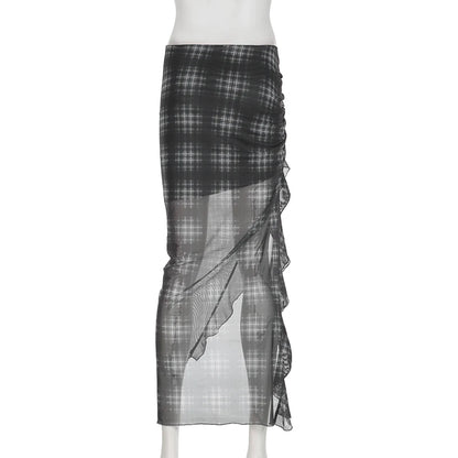 Alt Gothic Y2K Plaid Ruffles See Through Slit Skirt