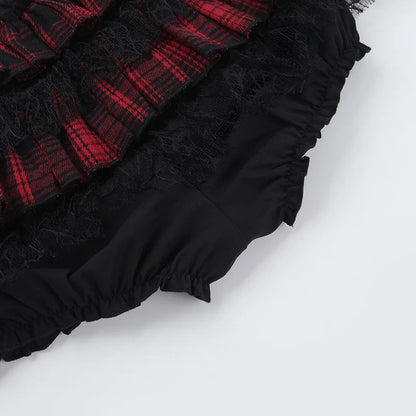Gothic Harajuku Red Plaid Black Lace Patchwork Bloomers Shorts