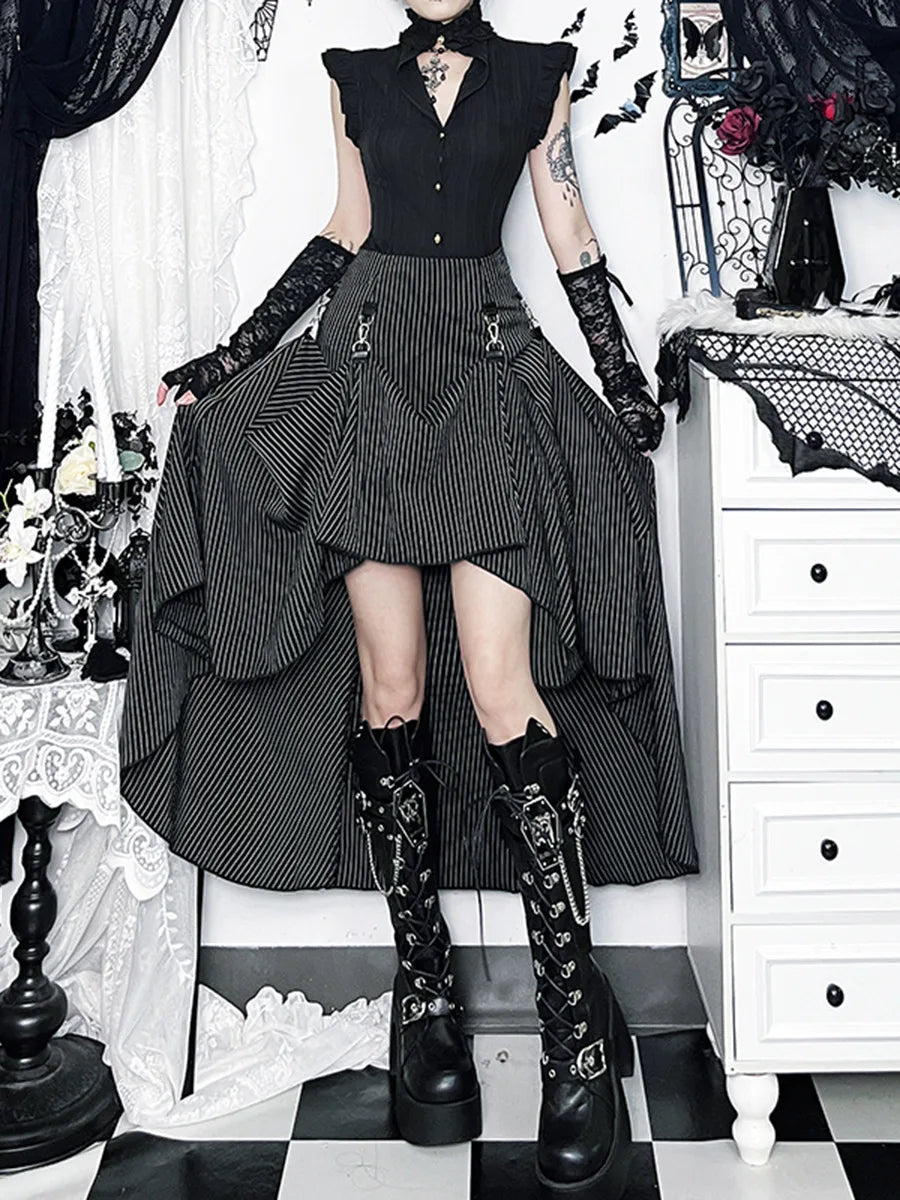 Gothic Alt Goth Pinstriped Ruched Skirt