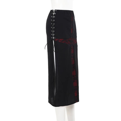 Gothic Y2K 90s Goth Cross Splicing High Slit Midi Skirt