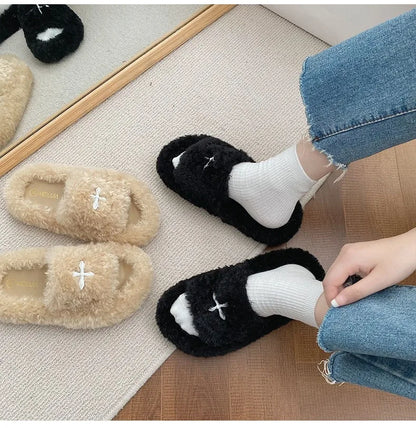 Y2K Cybergoth Faux Fur Slip On Furry Slides Slippers