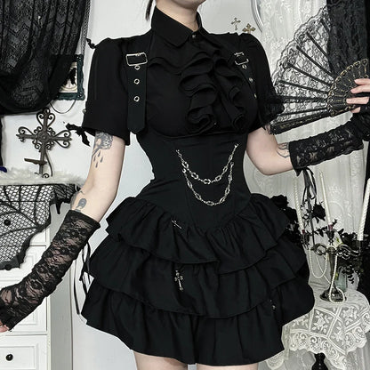Gothic Dark Academia Goth Vintage Ruffle Short Sleeve Blouse