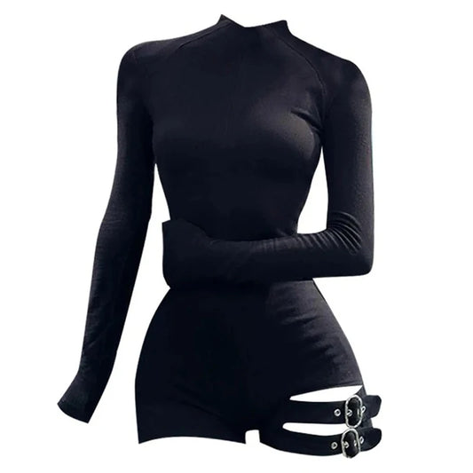 Gothic Alt Goth Long Sleeve Thigh Straps Bodysuit Rompers