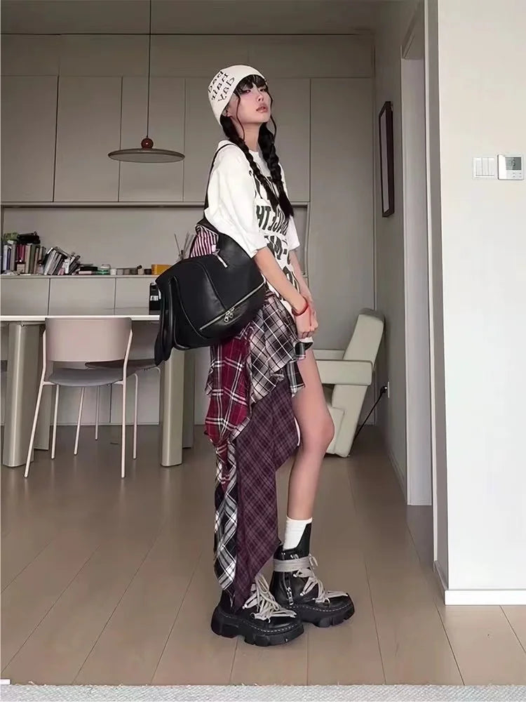 Gothic Grunge Plaid Irregular Hem Skirt