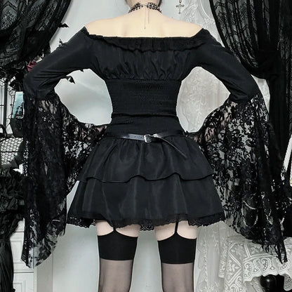 Gothic Alt Goth Off Shoulder Lace Trim Batwing Sleeves Mini Dress