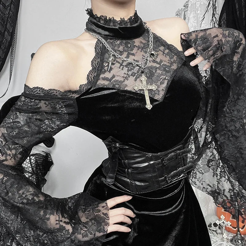 Gothic Alt Goth Cold Shoulder Bell Lace Sleeves Halter Mini Dress