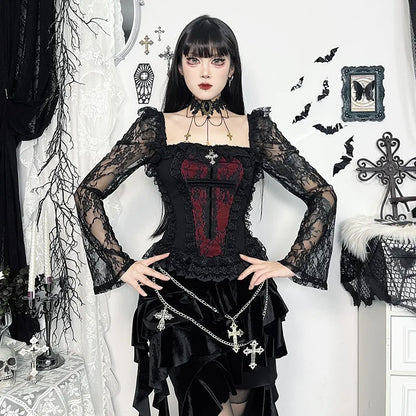 Gothic Cross Patchwork Lace Sleeves Romantic Goth Top