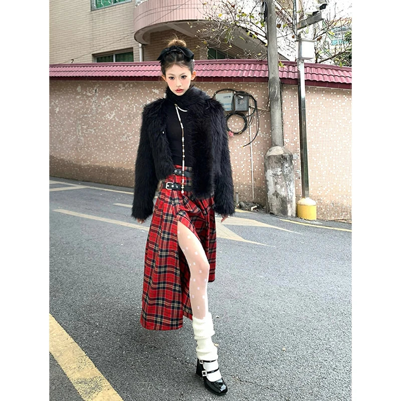 Gothic Grunge 90s Buckled Pleated Red Plaid A-Line Skirt