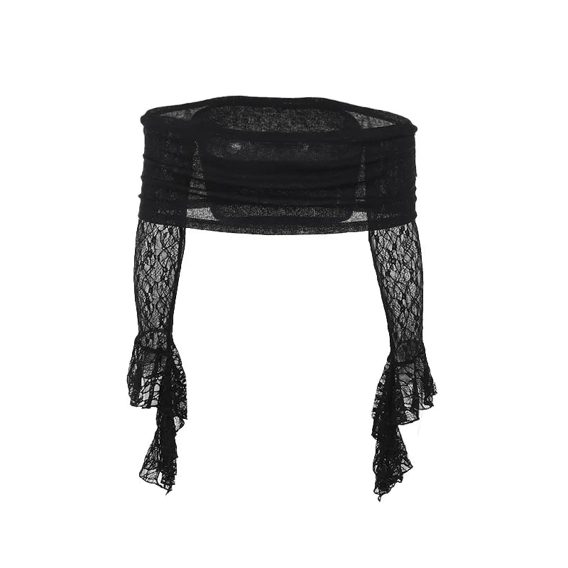 Gothic Alt Goth Off Shoulder Lace Sleeves Crop Top