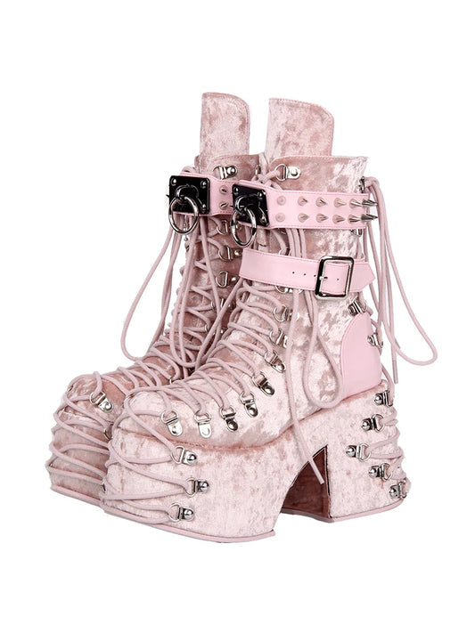 Gothic Dark Kawaii Harajuku Y2K Alt Goth Punk Lolita Laces Studs Pink Platform Boots