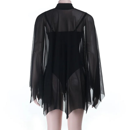 Gothic Alt Goth Black Spaghetti Strap Bodysuit Top + Sheer Cape Set