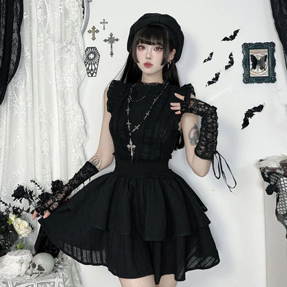 Gothic Corporate Goth Lace Patchwork High Waist Mini Dress