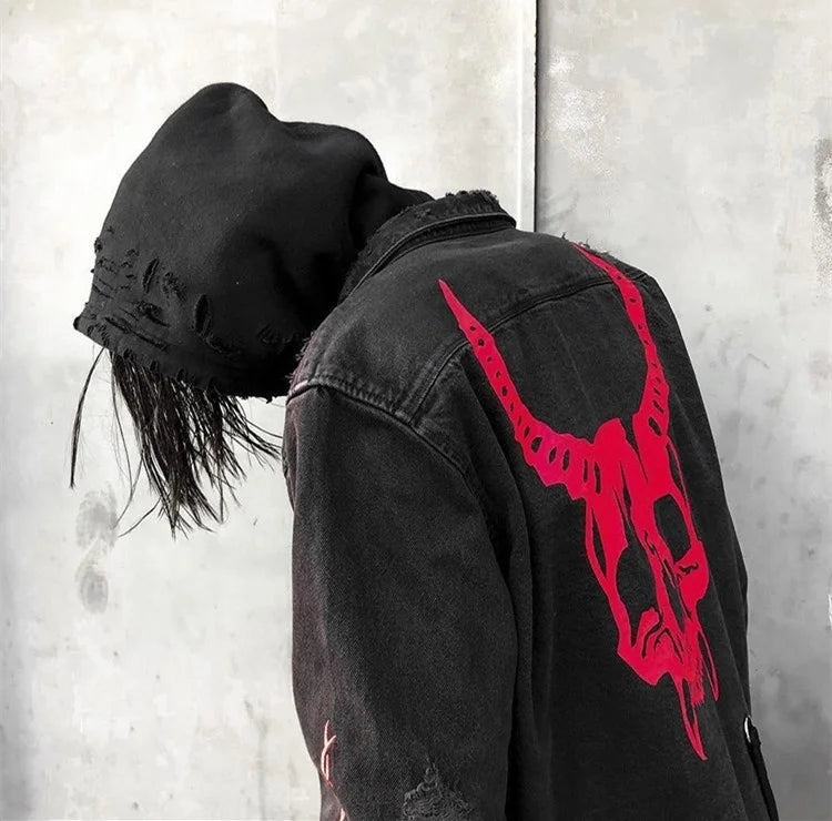 Alt Gothic Skull Back Print Black Denim Jacket