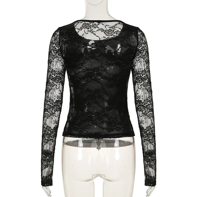 Gothic Alt Goth Lace Sleeves Sheer Back Shirt Top