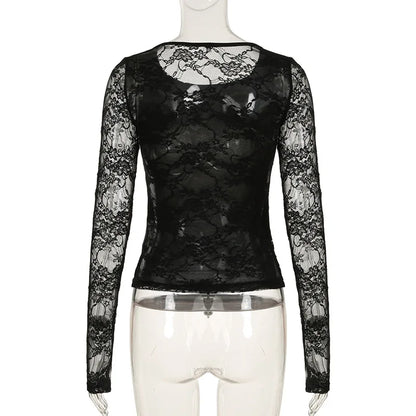 Gothic Alt Goth Lace Sleeves Sheer Back Shirt Top