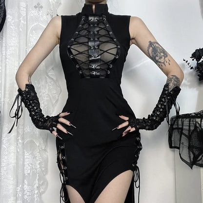 Alt Gothic Sheer Lace Up Side Slit Turtle Neck Long Dress