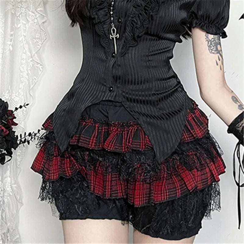 Gothic Harajuku Red Plaid Black Lace Patchwork Bloomers Shorts