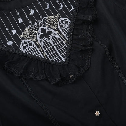 Gothic Moon Cathedral Embroidery Lace Trim Puff Sleeve Top