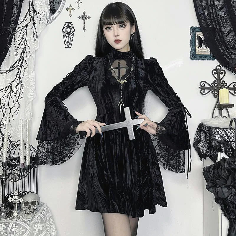 Gothic Alt Goth Vintage Cross Lace Patchwork Bell Sleeves Mini Dress