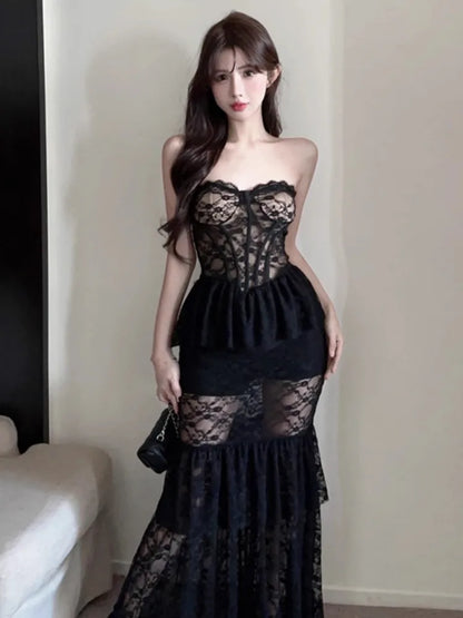 Gothic Alt Goth Mesh Lace Strapless Fishtail Long Dress