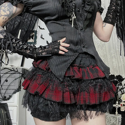 Gothic Harajuku Red Plaid Black Lace Patchwork Bloomers Shorts