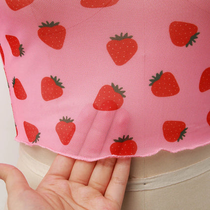 Y2K Strawberry Print Pink Mesh Long Sleeve Shirt Top