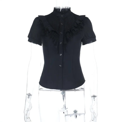 Gothic Victorian Goth Lace Patchwork Hollow Out Short Sleeve Blouse Top
